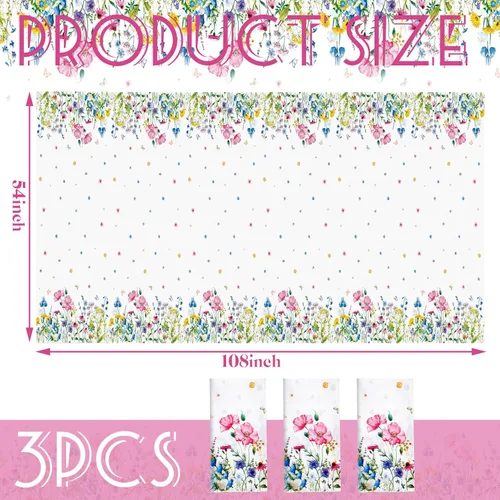 Vista 3 de Bencailor Mantel desechable de plástico de 3 piezas, diseño floral de mariposa, flores silvestres, mantel rectangular con flores para verano