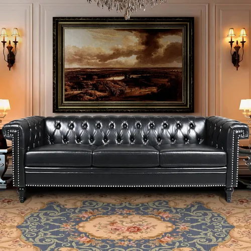Vista 14 de Sofás negros para sala de estar, moderno sofá Chesterfield copetudo, asiento profundo, cómodo sofá de piel sintética, brazos enrollados plisados