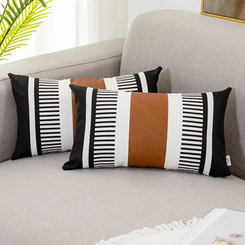 Vista 22 de Juego de 2 fundas de almohada bohemias a rayas de 16 x 16 pulgadas, fundas de almohada de cuero modernas para sofá, cama, decoración de granja