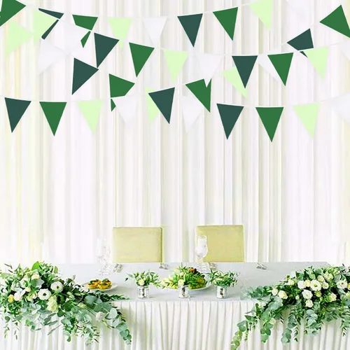 Vista 4 de Pancarta verde degradado de 32 pies para decoración de fiesta, bandera triangular verde, banderines de tela, banderines para dinosaurios