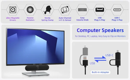 Vista 2 de Altavoces de computadora para PC de escritorio, altavoces de monitor con perilla de volumen fácil, abrazadera resistente, sonido claro, graves