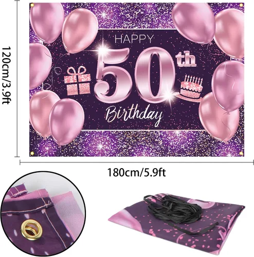 Vista 2 de pancarta grande rosa con texto en inglés “Happy Birthday