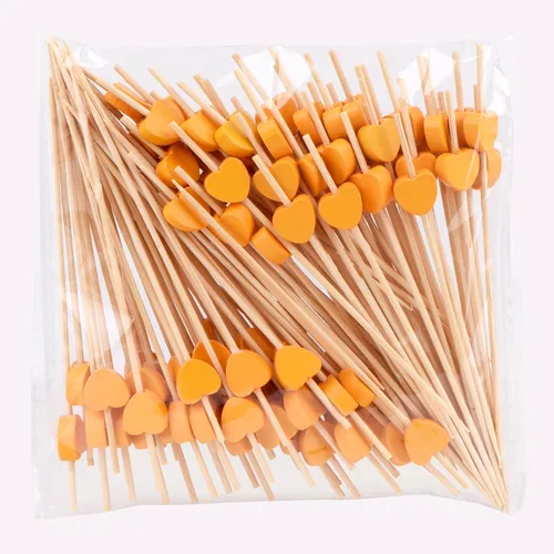 Vista 10 de JtmyAota Paquete de 100 palillos de dientes de frutas, palillos de bambú en forma de corazón, palillos de bambú natural para aperitivos, pastel