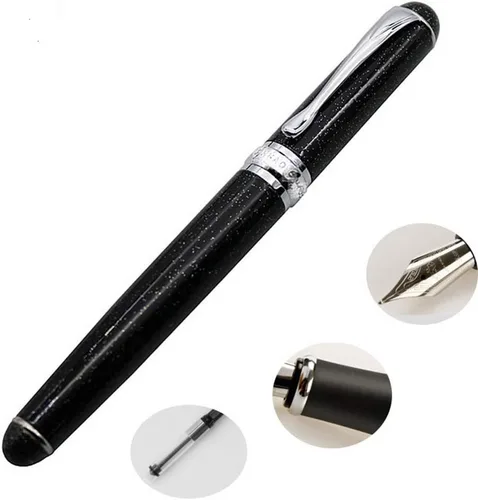 Vista 2 de Pluma estilográfica negra con purpurina, recargable de 5.5 in x 0.5 in para hombres y mujeres, diario, caligrafía, bolígrafos de escritura suave