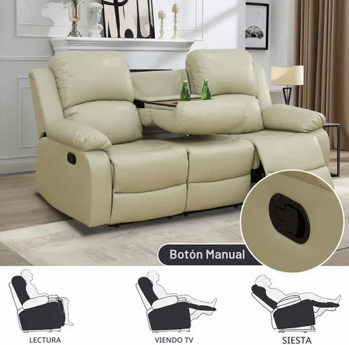 Vista 5 de Juego de Muebles para Sala de Estar, Juego de Sofá Reclinable Manual, Juegos de Sofás Reclinables de Cuero Beige con Mesa Desplegable, Sofá