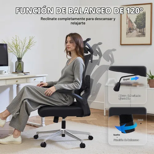 Vista 3 de Silla de oficina ajustable, silla de computadora ergonómica con soporte lumbar y reposacabezas, silla ejecutiva de respaldo alto con función