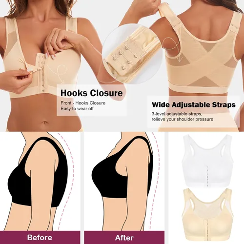 Vista 5 de J-pone Sujetador corrector de postura con cierre frontal para mujer, 2 piezas, soporte de espalda inalámbrico, cobertura completa, cómodo, sin