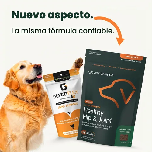 Vista 2 de VetriScience Masticables saludables para cadera y articulaciones extra fuertes, glucosamina GlycoFlex y mejillón de labios verdes, suplemento