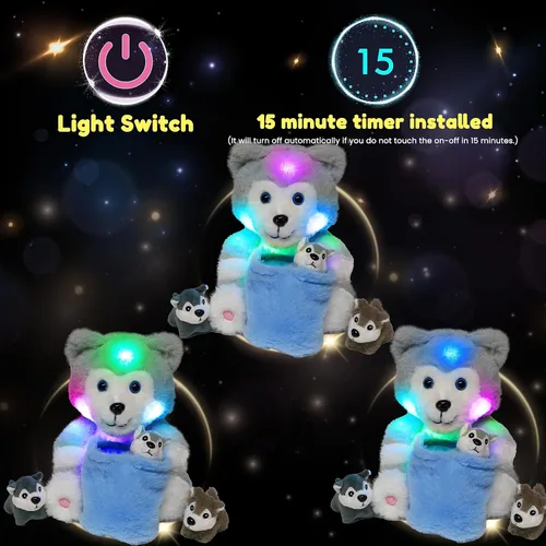 Vista 4 de Hopearl Husky de peluche LED con cubo extraíble que ilumina tu mamá y perro con 3 cachorros en la cesta, juego de animales de peluche disquetes