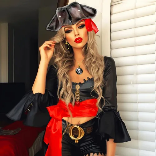 Vista 5 de JeVenis Disfraz de pirata para mujer, disfraz de pirata para adultos, disfraz de fiesta de pirata, festival de música, disfraz de Halloween, vestido
