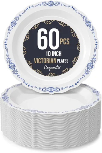 Vista 20 de SIZENAME - Platos de plástico desechables, diseño victoriano de calidad premium, color crema, para fiestas y bodas, 60