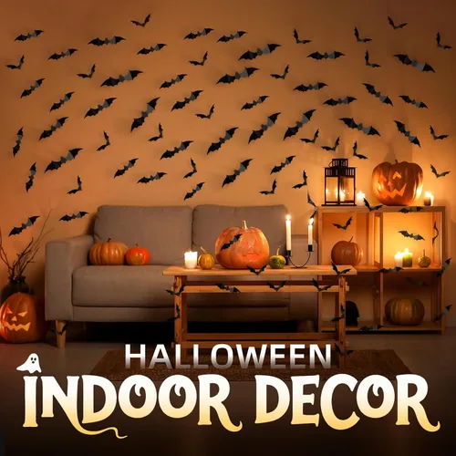 Vista 2 de CLEANGOR 140 piezas de murciélagos para decoración de Halloween, suministros de fiesta de Halloween, calcomanías de pared de murciélagos 3D, bonitas