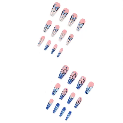Vista 3 de Uñas postizas largas a presión con diseño de mariposa azul y rosa, punta francesa azul, uñas a presión, acrílico rosa, cobertura completa, pegamento