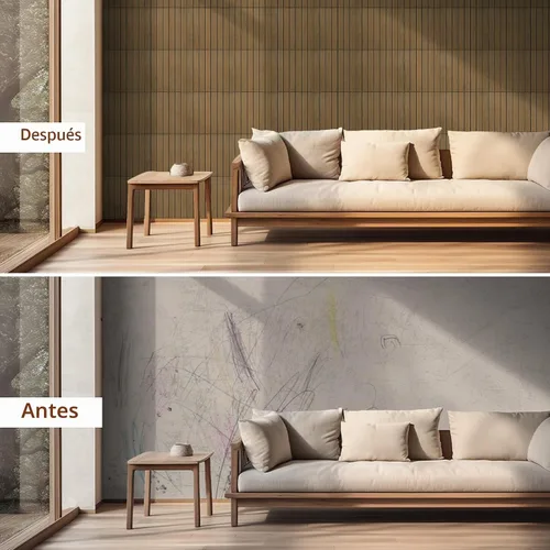 Vista 5 de WADILE Paneles de pared de listones de madera para despegar y pegar, de 12"x12" (30×30cm), decorativo, PVC, insonorizado, autoadhesivo, para sala