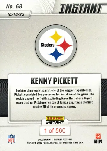 Vista 2 de 2022 Panini Instant Football #68 Kenny Pickett Rookie Card Steelers - 1st Career Passing Touchdown - Solo 560 hechos