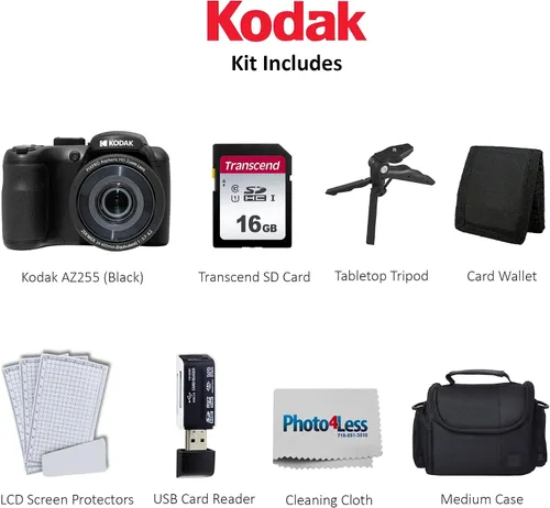 Vista 2 de Kodak PIXPRO AZ255 - Cámara digital (negro) + funda para cámara de punto y disparo + tarjeta de memoria de 16 GB + lector de tarjetas USB + trípode