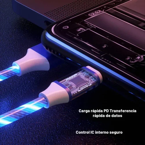 Vista 5 de IHAO Cable de carga multipuerto, 3 combinaciones en un cable USB A a USB C/Micro USB PD, cable de carga rápida iluminado LED que fluye compatible 3