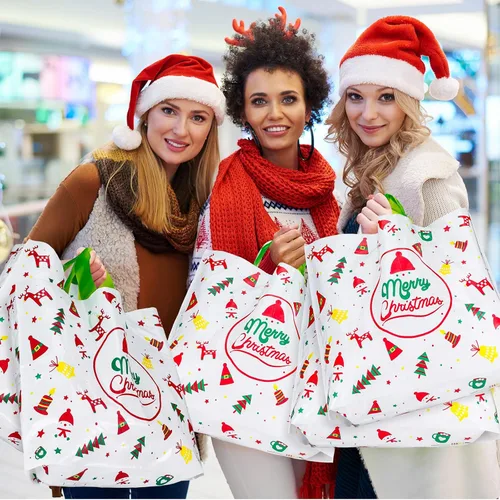 Vista 6 de Fulmoon 200 bolsas de regalo de Navidad extragrandes de plástico con asas, reutilizables, mercancía, compras, venta al por menor, bolsas