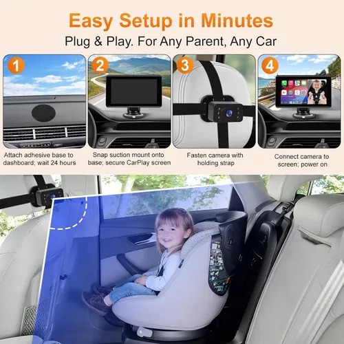 Vista 6 de Cámara de coche para bebé con pantalla inalámbrica CarPlay de 7 pulgadas, compatible con Apple CarPlay y Android Auto, cámara de coche de visión