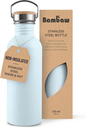 Vista 13 de Bambaw Botella de agua de acero inoxidable de 16 onzas, botella deportiva azul marino, no aislada, de pared simple, botella de agua pequeña de metal