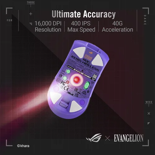 Vista 4 de ASUS ROG Keris - Ratón inalámbrico EVA Edition para juegos, mouse inalámbrico con conectividad Tri-Mode, sensor 16000 DPI, 7 botones programables
