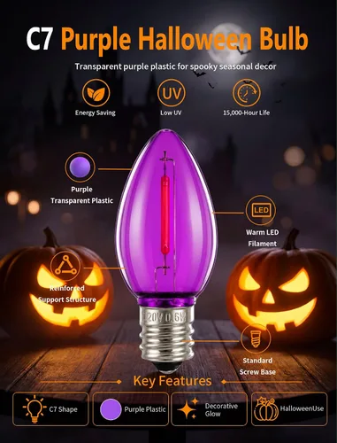 Vista 3 de 25 Pack C7 E12 Purple LED Replacement Bulbs for Outdoor String Lights 0.6W Design, 120V, Dimmable design, IP65 Shatterproof Plastic for Halloween