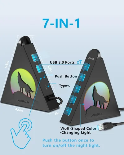 Vista 2 de Hub USB 3.0, concentrador USB de 7 puertos con luz nocturna RGB y base, divisor USB vertical para escritorio, laptop, MacBook, Xbox, PS4/5, consola