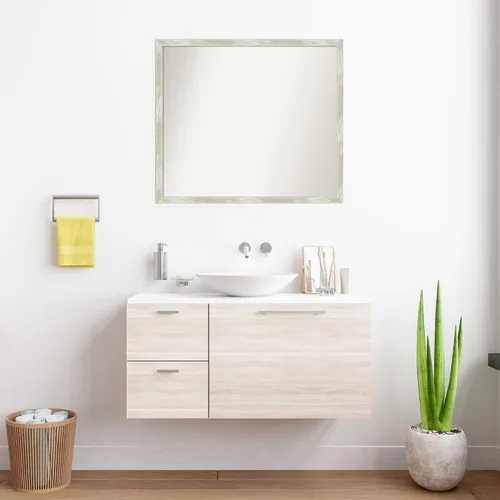 Vista 4 de Amanti Art Silver Bathroom Mirror for Over Sink, 28x32 Custom Made Crackled Metallic Narrow Rectangle Vanity Mirror, Large Casual Wood Frame, Hangs