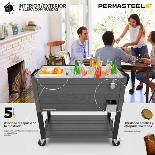 Vista 10 de Permasteel 80 Quart Party Cooler, Rolling Ice Chest with Wheels and Handles for Indoor Outdoor Patio Gris