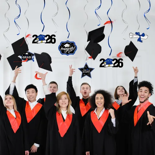 Vista 7 de LINGTEER Congrats Grad, Class of 2026 Swirls Streamers – 12 piezas para la escuela/hogar 2026 decoración de graduación espirales de graduación – Azul