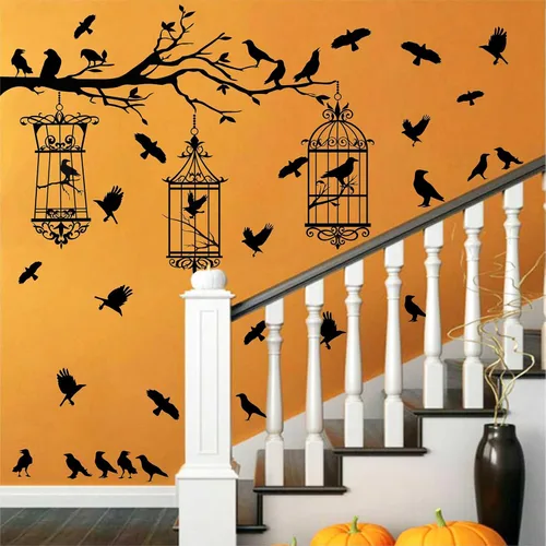 Vista 6 de Calcomanías de pared de ramas de árbol de Halloween, cuervo negro, pájaro, pájaro, pelar y pegar, calcomanías de cuervo para jaula de pájaro, Jaula