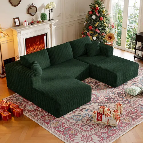 Vista 15 de Sofá modular sin hueso de 134.6 pulgadas para sala de estar, sofá modular de pana en forma de U con diván y almohadas, sofá seccional de 4 asientos