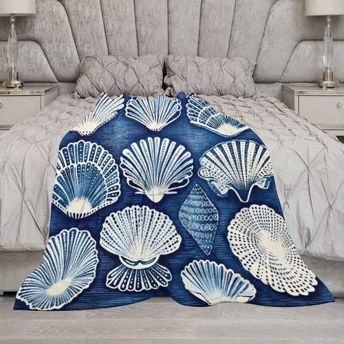 Vista 6 de Manta de conchas de mar azul para cama, manta náutica costera, manta de franela para sofá, cama, oficina para adultos, 30 x 40 pulgadas, manta suave