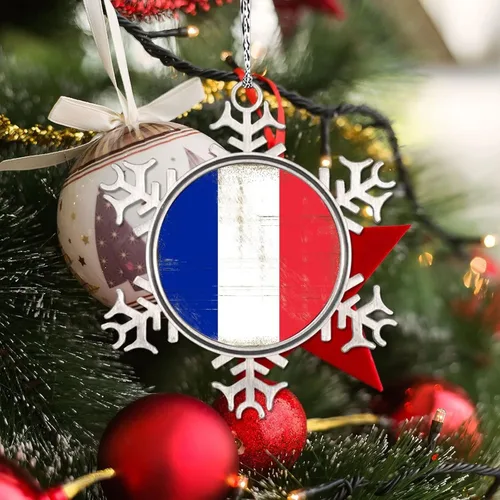 Vista 3 de Adornos de copo de nieve con la bandera nacional de Francia, adornos de árbol de Navidad de Francia, recuerdo de la ciudad del país, adornos