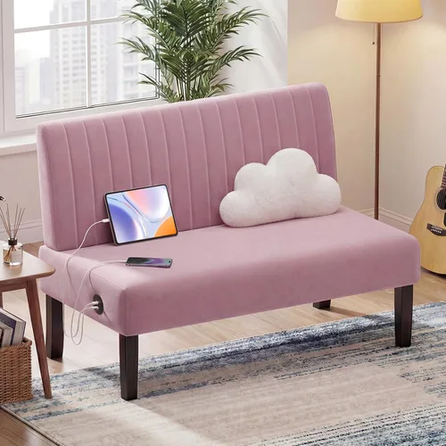 Vista 12 de STHOUYN Mini sofá pequeño de cuero negro de 43 pulgadas de ancho, sofá biplaza sin brazos para dormitorio con puerto USB, sofás pequeños