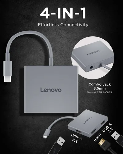 Vista 3 de Lenovo USB-C 4 en 1 Hub de Viaje con Cable Integrado, 1x HDMI 4K @ 60Hz, 2X USB-A 3.2, 1x Combo 3.5mm, Gris Luna – Portátil, Compacto, Conectividad