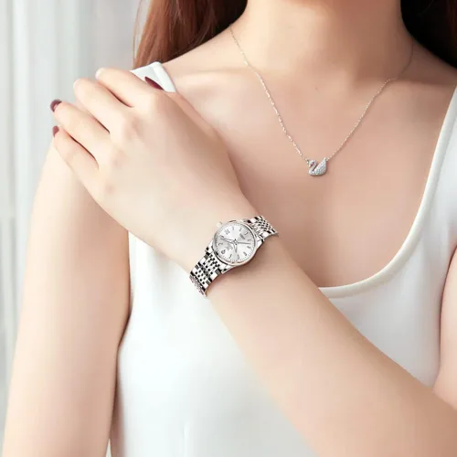 Vista 2 de OLEVS Relojes automáticos para mujer de acero inoxidable con diamantes mecánicos luminosos impermeables para mujer