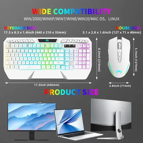 Vista 7 de Combo de teclado y mouse inalámbricos retroiluminación RGB, teclado inalámbrico recargable, reposamuñecas ergonómico, mouse retroiluminado, teclado