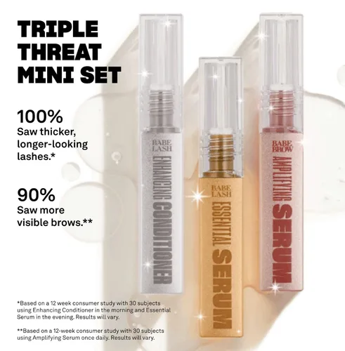 Vista 5 de Set Mini Triple Threat de Babe Original, Incluye Suero Esencial para Pestañas Babe Lash y Acondicionador Potenciador + Suero Amplificador para Cejas