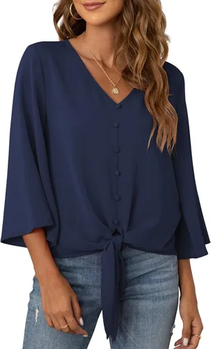 Vista 21 de VIISHOW Blusas de verano para mujer, con botones, cuello en V, de gasa, mangas acampanadas de 3/4, con nudo, casuales 01 Blanco