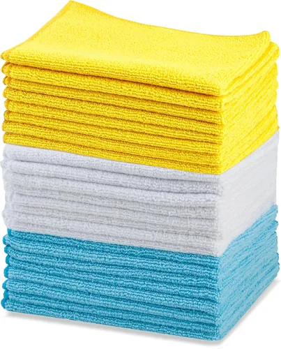Vista 15 de Paños de limpieza de microfibra Amazon Basics, no abrasivos, reutilizables y lavables, paquete de 48, azul/blanco/amarillo, 16 x 12 pulgadas