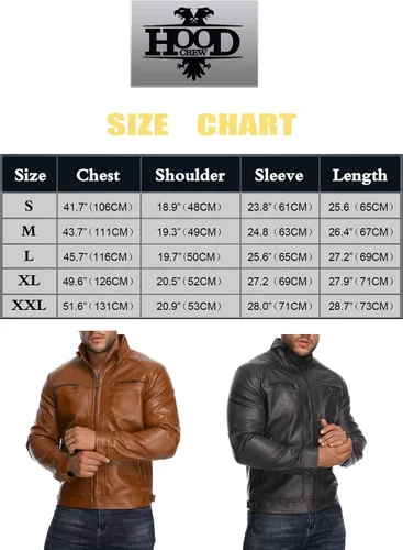 Vista 7 de HOOD CREW Chaqueta de cuero con cuello alto para hombre, chaqueta casual de piel sintética para motocicleta, abrigo con bolsillos con cremallera