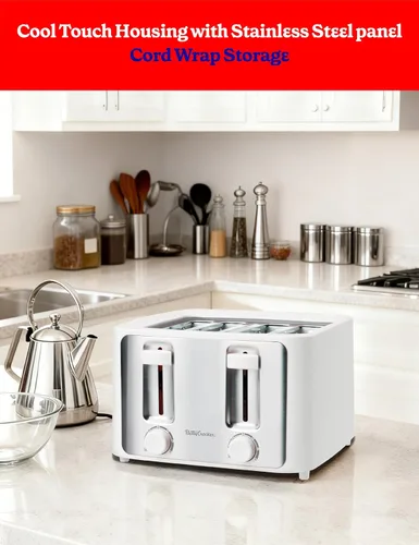 Vista 6 de Betty Crocker Tostadora de 4 rebanadas, 1500 W, diales de control de sombra tostada variable, función de elevación alta, carcasa de tacto fresco