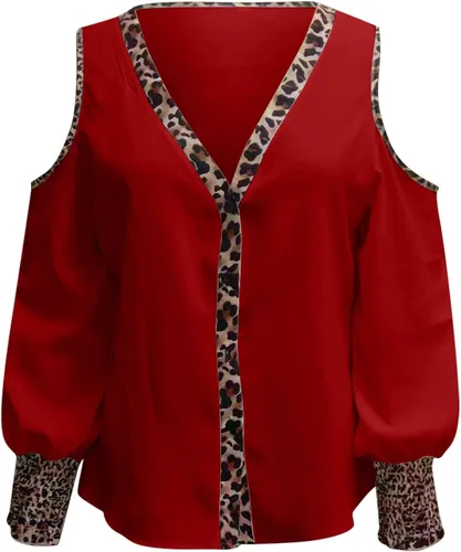 Vista 5 de Camisetas de verano para mujer, con hombros descubiertos, cuello en V, botones, ribete de leopardo, manga larga, blusas sueltas y sexys