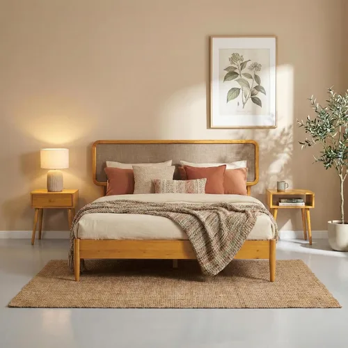 Vista 13 de Lupin - Base de cama de madera con cabecero, base de madera de roble macizo y goma con listones silenciosos y soportes centrales de madera, Negro