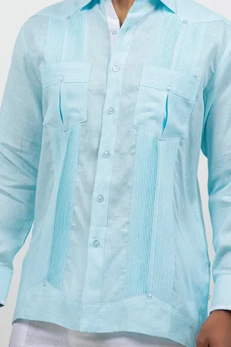 Vista 5 de Mojito - Guayabera de manga larga para hombre, 100% lino, panel de contraste y pliegues tonales Agua
