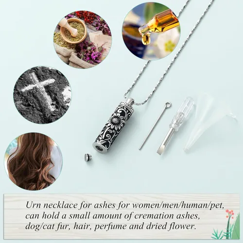 Vista 5 de Imrsanl Collar de urna de cremación cilíndrica para cenizas, urna de girasol, collar con colgante para hombres y mujeres, joyería conmemorativa
