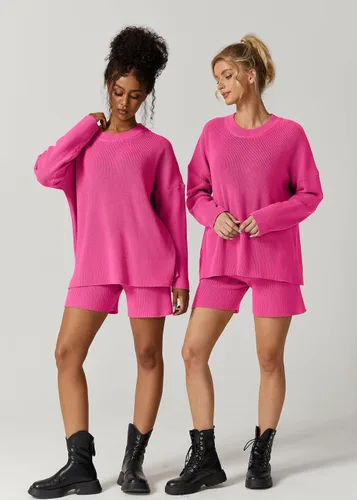 Vista 5 de QINSEN Conjunto de descanso para mujer, suéter de manga larga con pantalones cortos de dos piezas