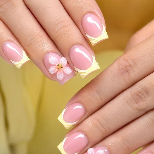 Vista 11 de Uñas postizas cortas cuadradas MABKJLF, uñas francesas falsas con gradiente, uñas de cobertura completa, flores blancas, uñas falsas con diseños