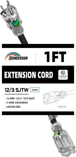 Vista 20 de Cable de Extensión HONDERSON con Extremo Iluminado, Certificado UL, Calibre 10, 1 Pie, Negro, 3 Puntas, Resistente, 10/3 SJTW, 15A, Cable de Energía